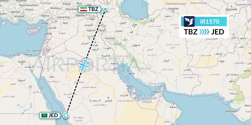 IR1570 Iran Air Flight Map: Tabriz to Jeddah