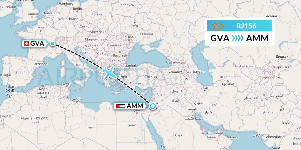 RJ156 Royal Jordanian Flight Map: Geneva to Amman