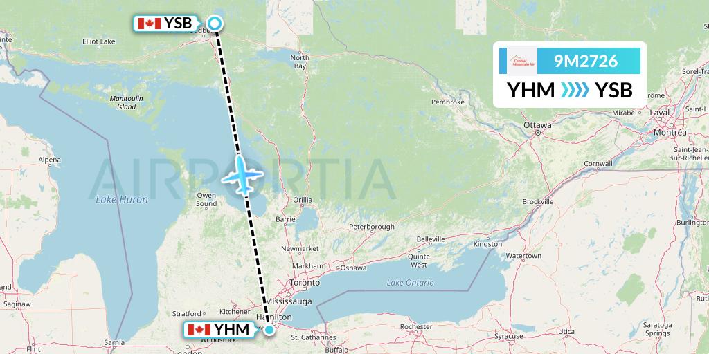 9M2726 Central Mountain Air Flight Map: Hamilton to Sudbury