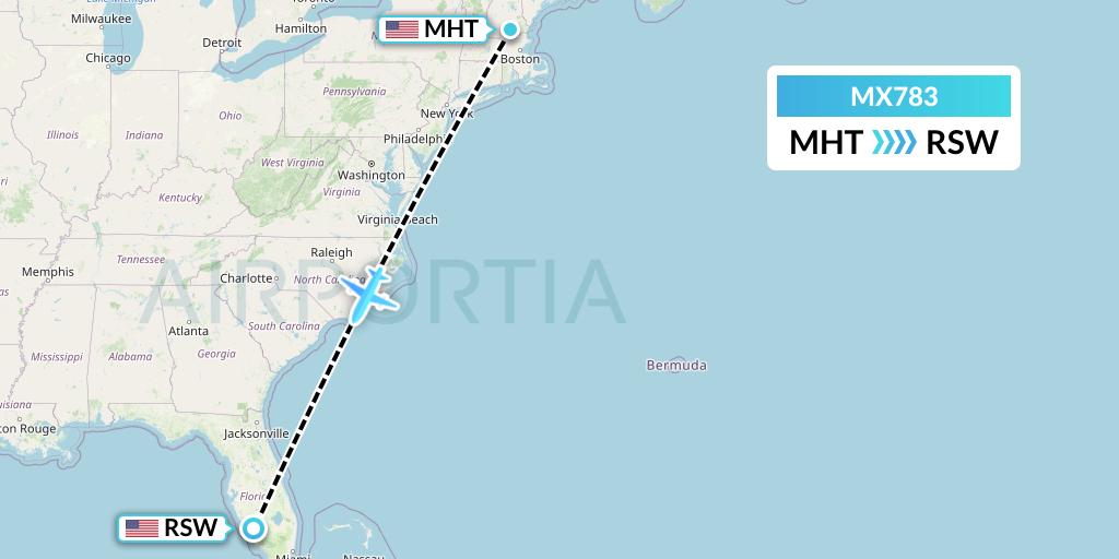 MX783 Breeze Airways Flight Map: Manchester to Fort Myers