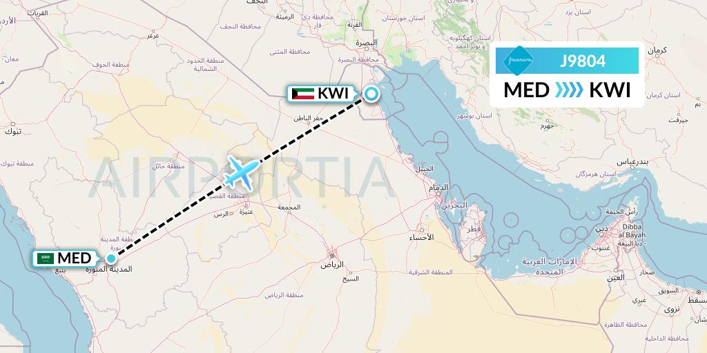 J9804 Jazeera Airways Flight Map: Medina to Kuwait City