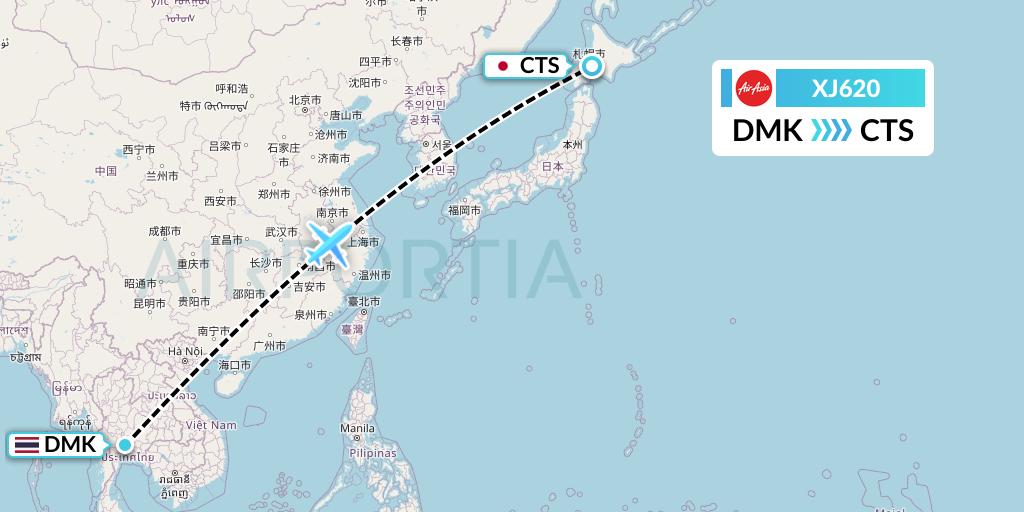 XJ620 Thai AirAsia X Flight Map: Bangkok to Sapporo