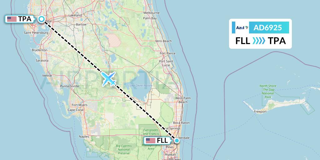 AD6925 Azul Brazilian Airlines Flight Map: Fort Lauderdale to Tampa