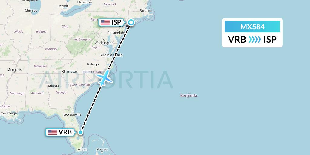 MX584 Breeze Airways Flight Map: Vero Beach to Islip