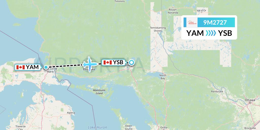 9M2727 Central Mountain Air Flight Map: Sault Ste. Marie to Sudbury