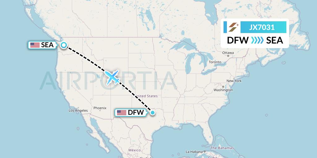 JX7031 Starlux Airlines Flight Map: Dallas to Seattle