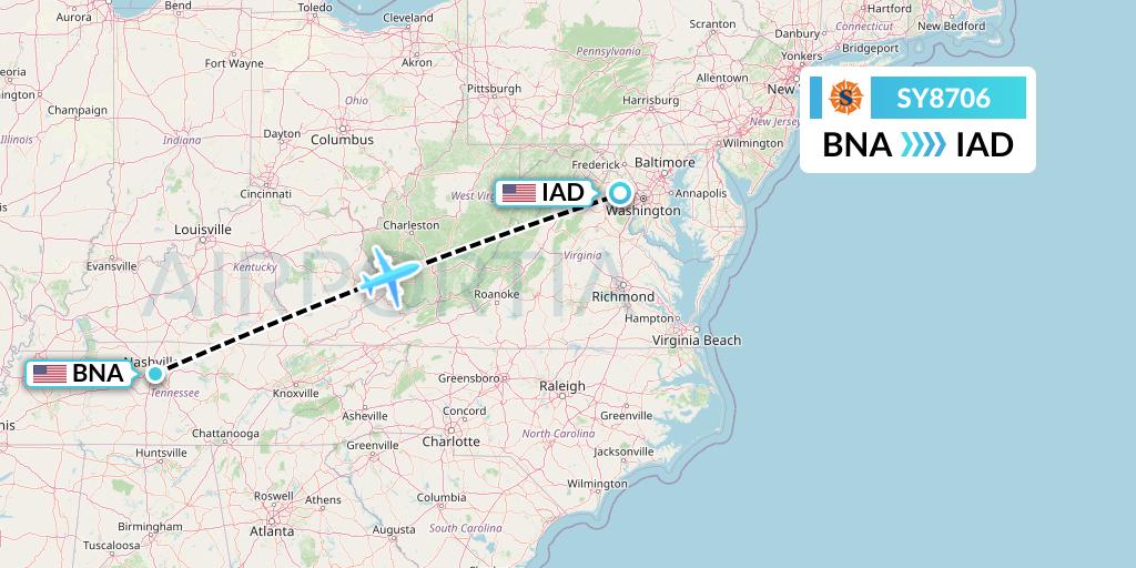 SY8706 Sun Country Airlines Flight Map: Nashville to Washington