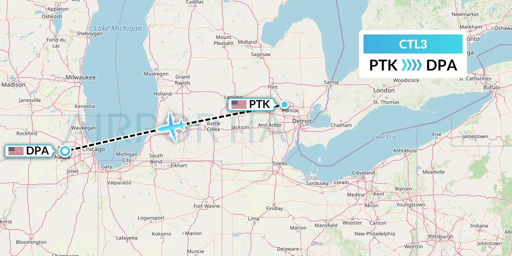 CTL3 Central Airlines Flight Map: Oakland County to Chicago