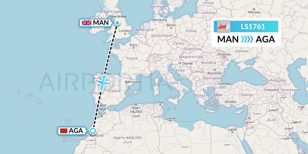 LS1761 Jet2 Flight Map: Manchester to Agadir
