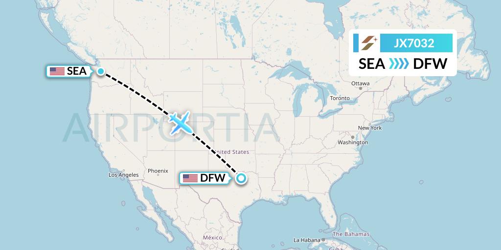 JX7032 Starlux Airlines Flight Map: Seattle to Dallas