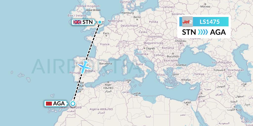 LS1475 Jet2 Flight Map: London to Agadir