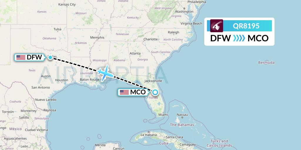 QR8195 Qatar Airways Flight Map: Dallas to Orlando