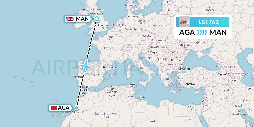 LS1762 Jet2 Flight Map: Agadir to Manchester