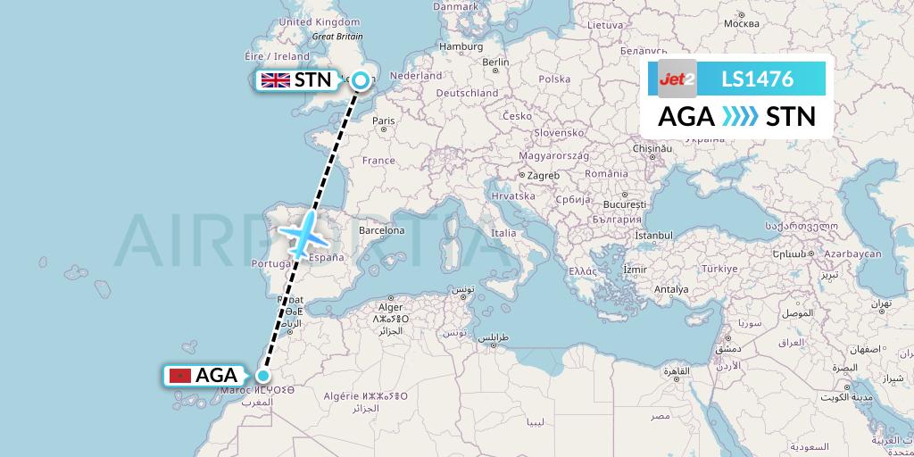 LS1476 Jet2 Flight Map: Agadir to London