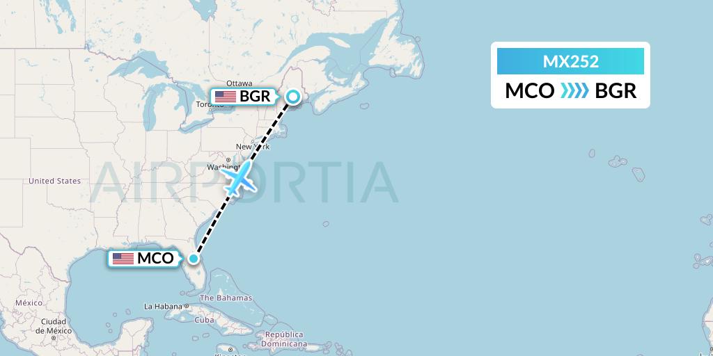 MX252 Breeze Airways Flight Map: Orlando to Bangor
