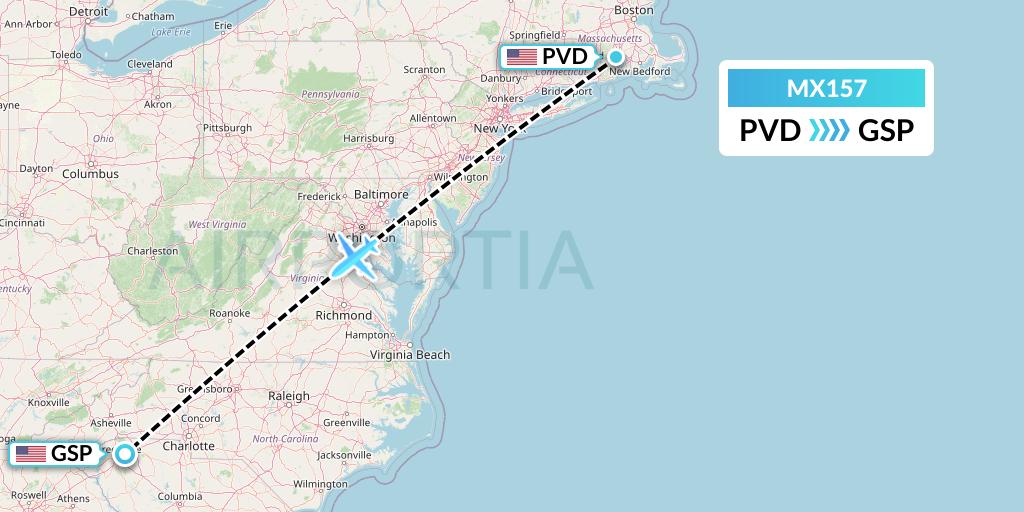 MX157 Breeze Airways Flight Map: Providence to Greenville-Spartanburg