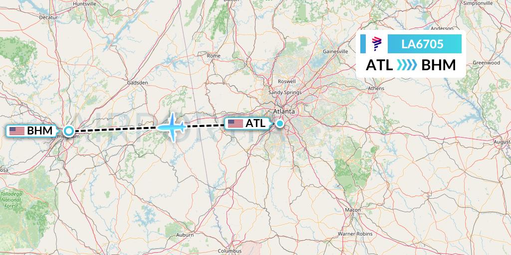 LA6705 LAN Airlines Flight Map: Atlanta to Birmingham