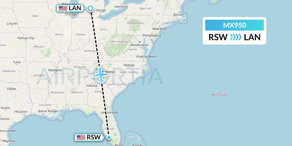 MX950 Breeze Airways Flight Map: Fort Myers to Lansing