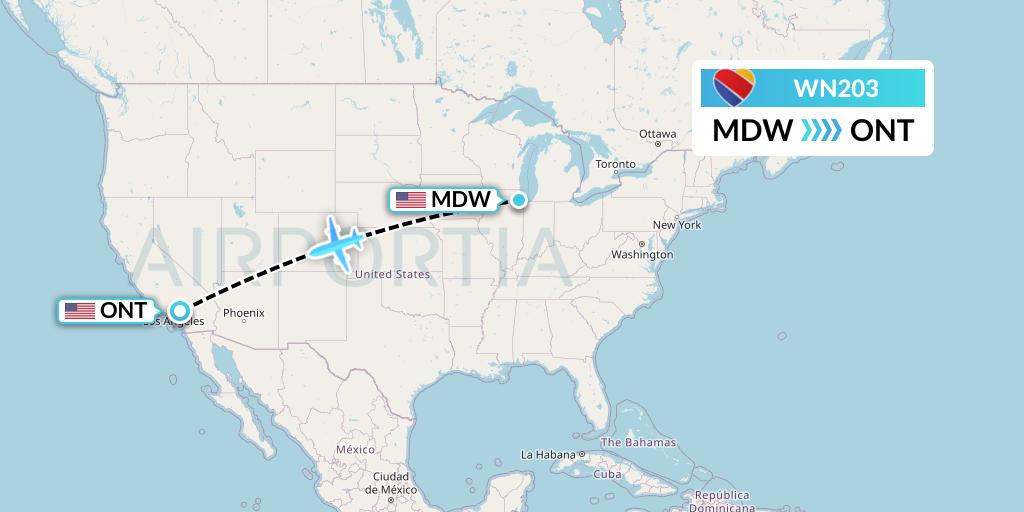 WN203 Southwest Airlines Flight Map: Chicago to Ontario