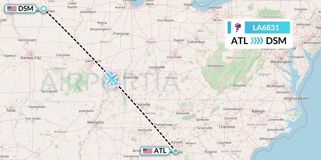 LA6831 LAN Airlines Flight Map: Atlanta to Des Moines