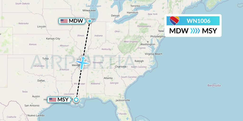 WN1006 Southwest Airlines Flight Map: Chicago to New Orleans