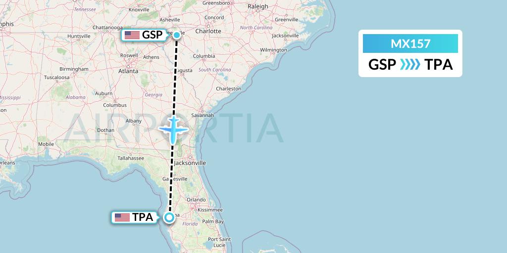 MX157 Breeze Airways Flight Map: Greenville-Spartanburg to Tampa