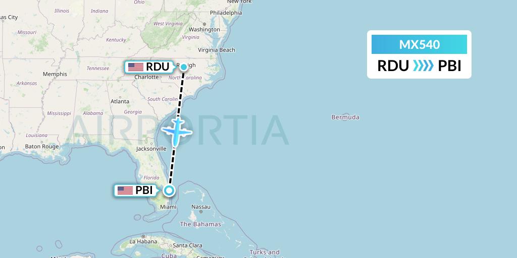 MX540 Breeze Airways Flight Map: Raleigh-Durham to West Palm Beach