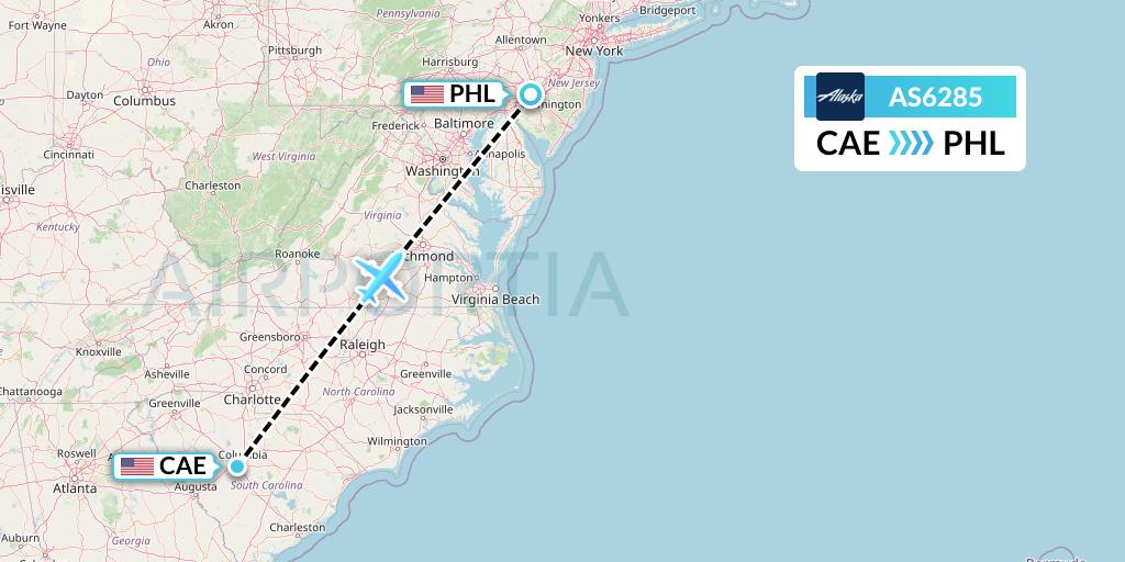 AS6285 Alaska Airlines Flight Map: Columbia to Philadelphia