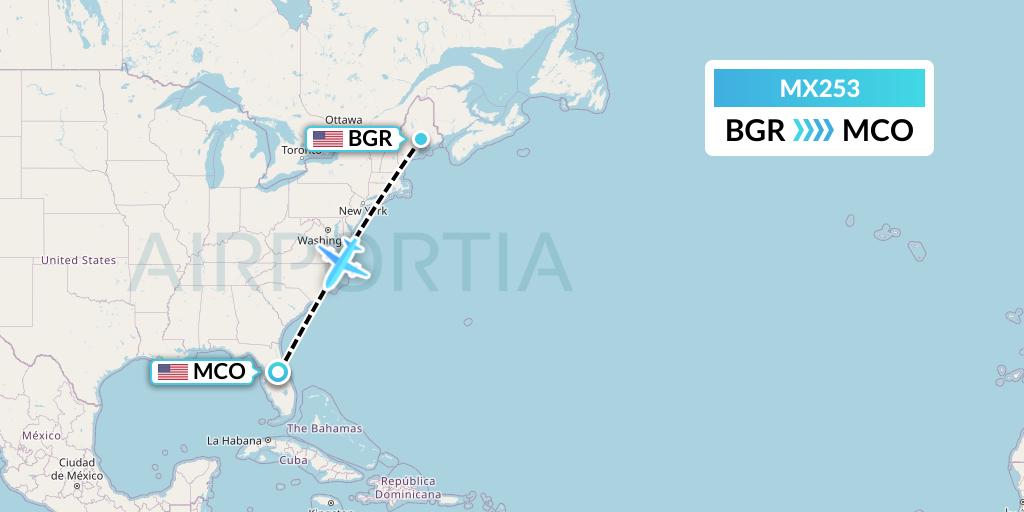 MX253 Breeze Airways Flight Map: Bangor to Orlando