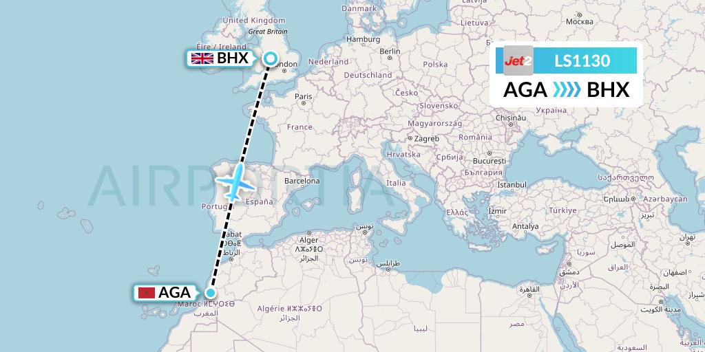 LS1130 Jet2 Flight Map: Agadir to Birmingham