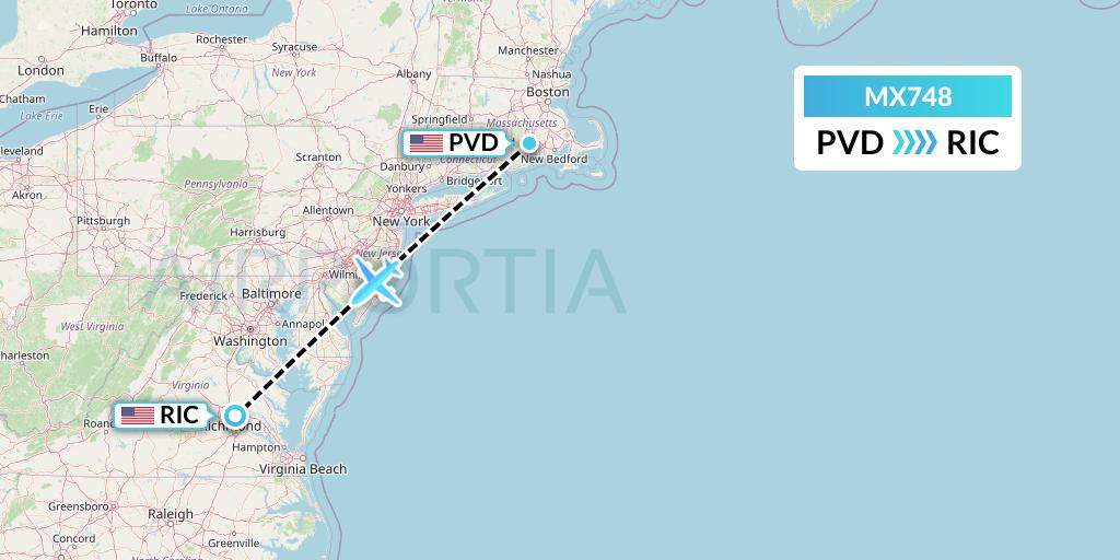 MX748 Breeze Airways Flight Map: Providence to Richmond