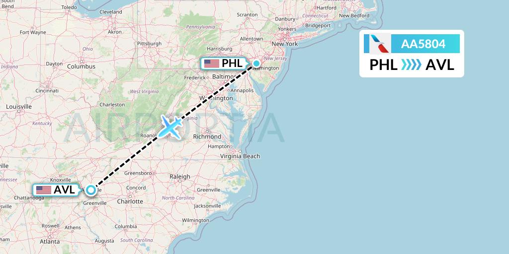 AA5804 American Airlines Flight Map: Philadelphia to Asheville