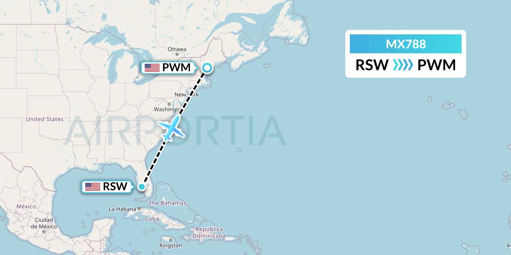 MX788 Breeze Airways Flight Map: Fort Myers to Portland