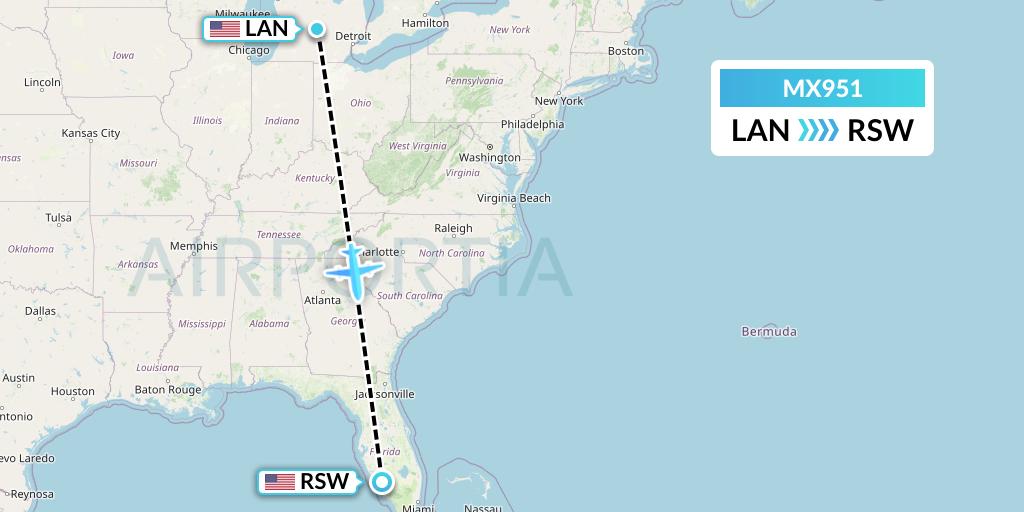 MX951 Breeze Airways Flight Map: Lansing to Fort Myers