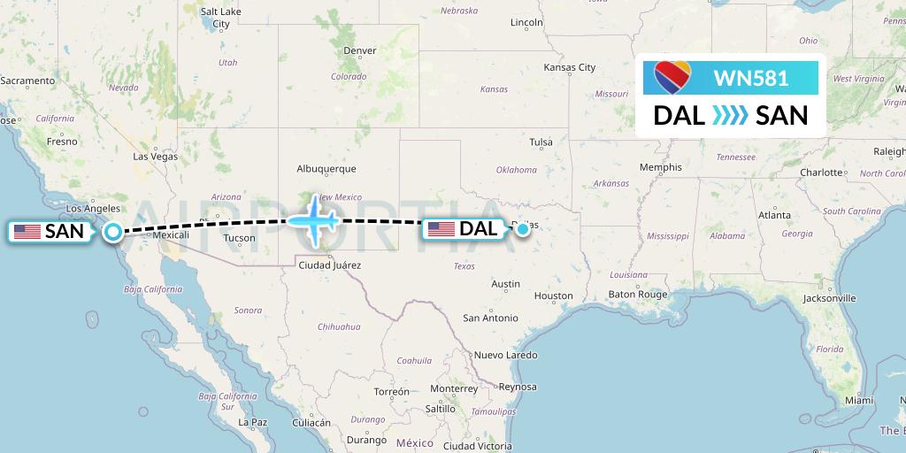 WN581 Southwest Airlines Flight Map: Dallas to San Diego