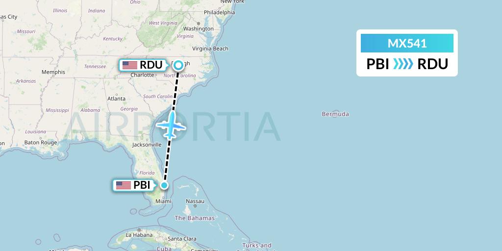 MX541 Breeze Airways Flight Map: West Palm Beach to Raleigh-Durham