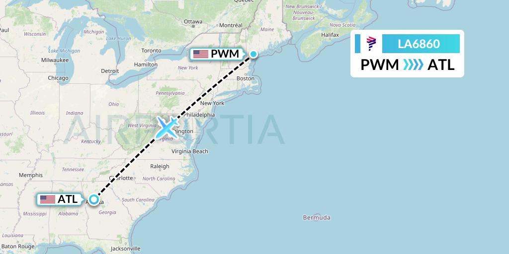 LA6860 LAN Airlines Flight Map: Portland to Atlanta