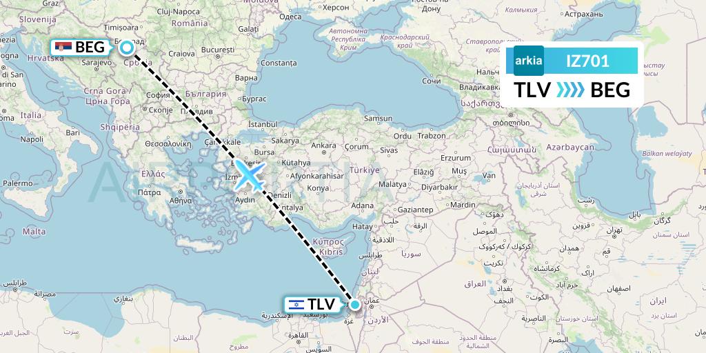 IZ701 Arkia Israeli Airlines Flight Map: Tel Aviv to Belgrade