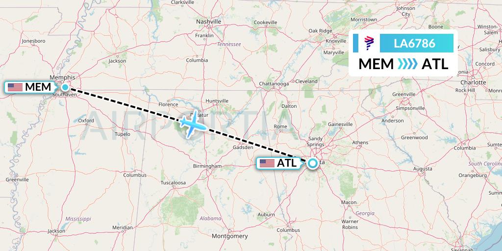LA6786 LAN Airlines Flight Map: Memphis to Atlanta