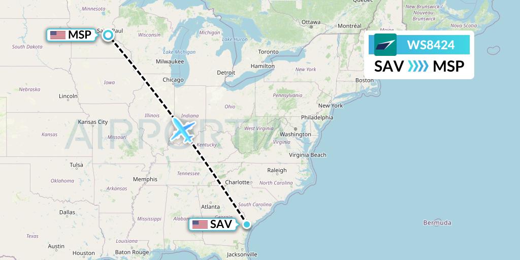 WS8424 WestJet Flight Map: Savannah to Minneapolis