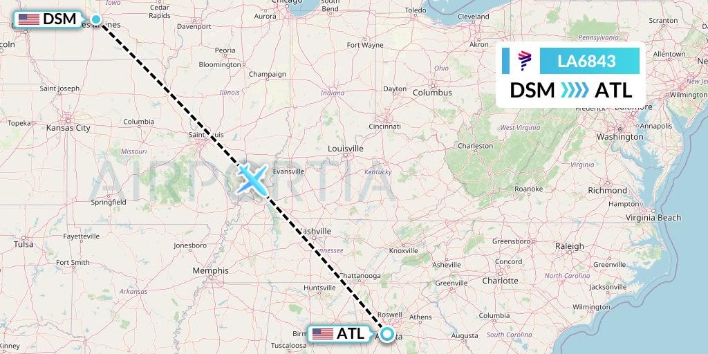 LA6843 LAN Airlines Flight Map: Des Moines to Atlanta