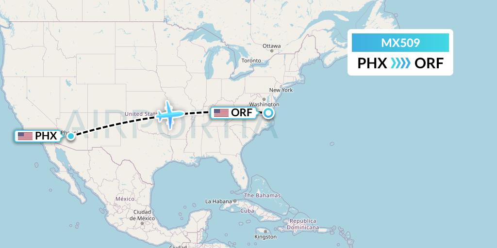 MX509 Breeze Airways Flight Map: Phoenix to Norfolk