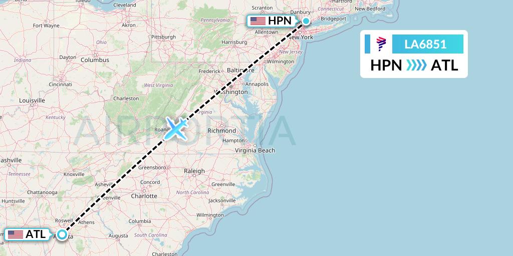 LA6851 LAN Airlines Flight Map: White Plains to Atlanta