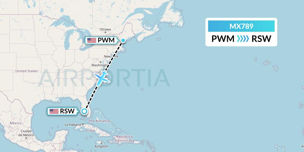 MX789 Breeze Airways Flight Map: Portland to Fort Myers