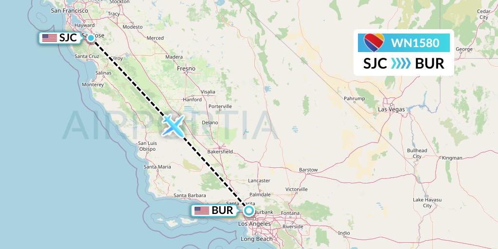 WN1580 Southwest Airlines Flight Map: San Jose to Burbank