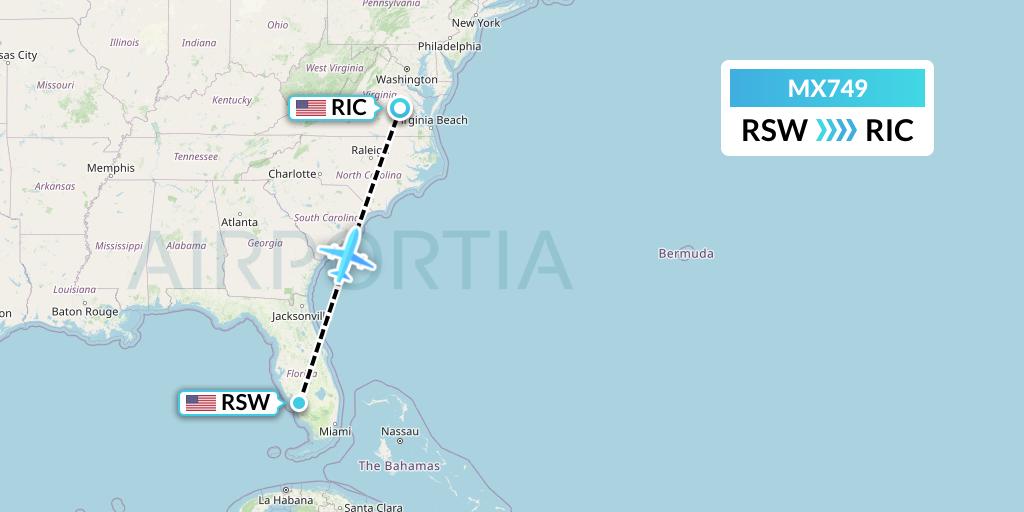 MX749 Breeze Airways Flight Map: Fort Myers to Richmond