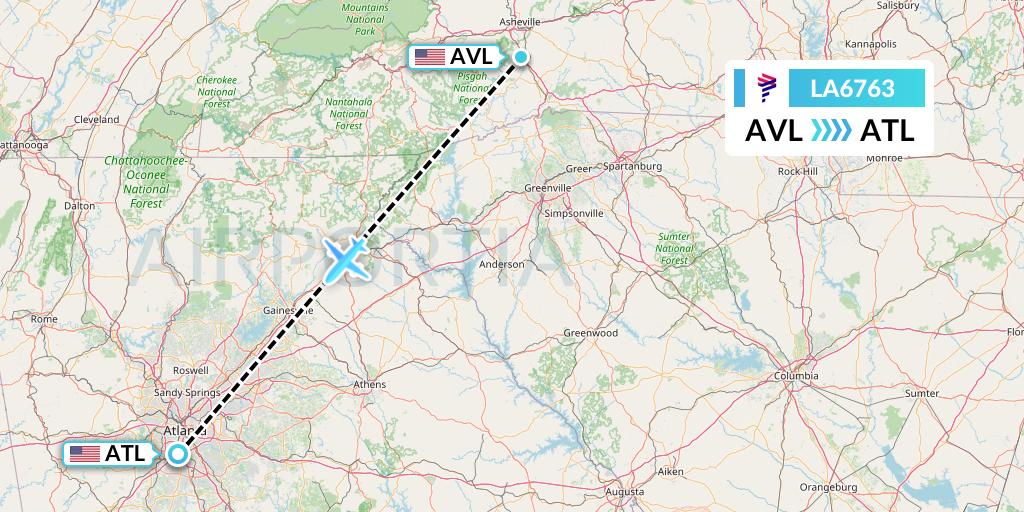 LA6763 LAN Airlines Flight Map: Asheville to Atlanta