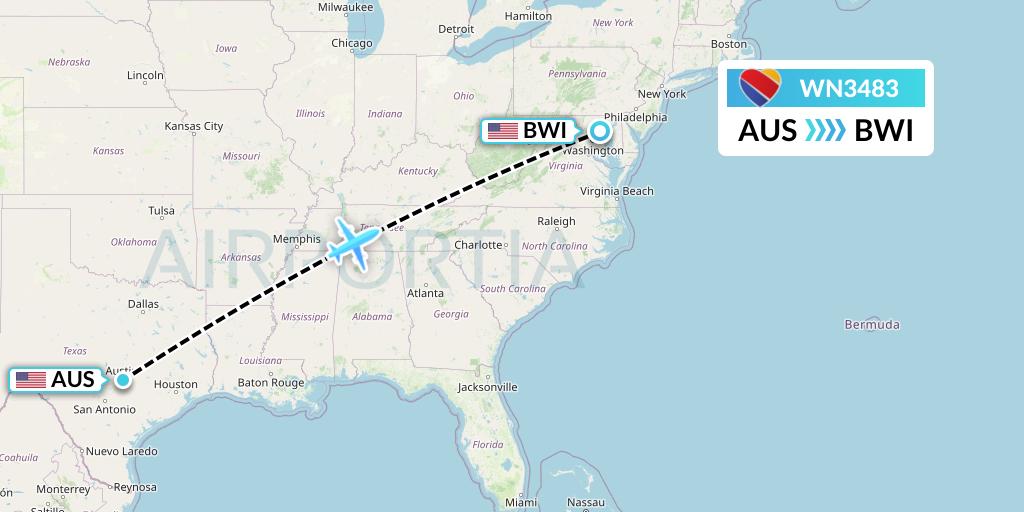 WN3483 Southwest Airlines Flight Map: Austin to Baltimore