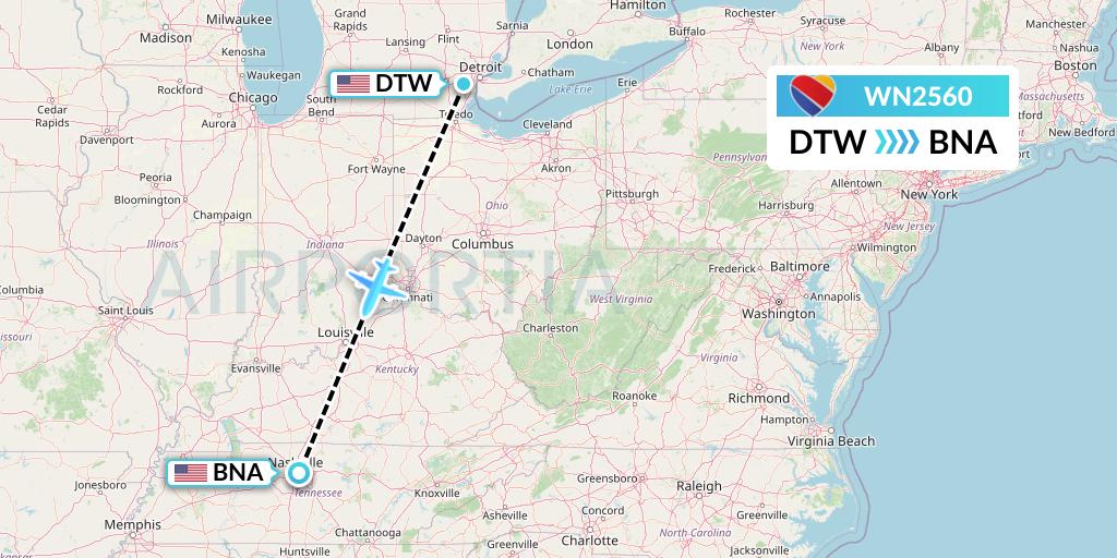 WN2560 Southwest Airlines Flight Map: Detroit to Nashville
