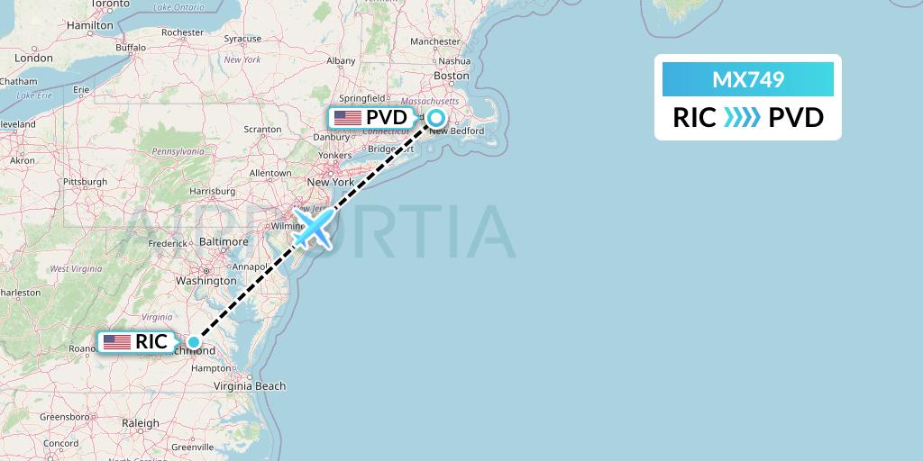 MX749 Breeze Airways Flight Map: Richmond to Providence